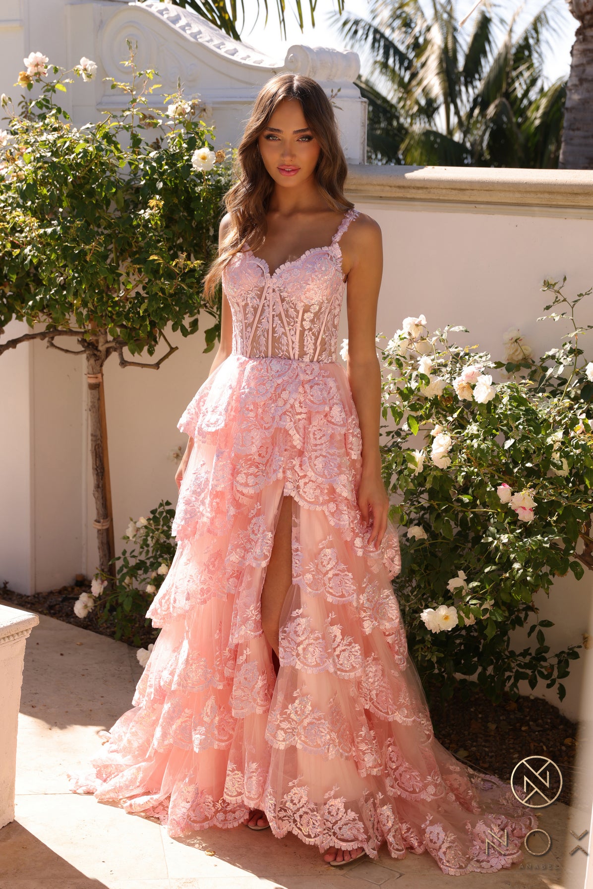 Nox Anabel R1299 Ruffle Lace High Slit Skirt Prom Dress Corset Sequin Nox Anabel R1299 Ruffle Lace High Slit Skirt Prom Dress Corset Sequin
