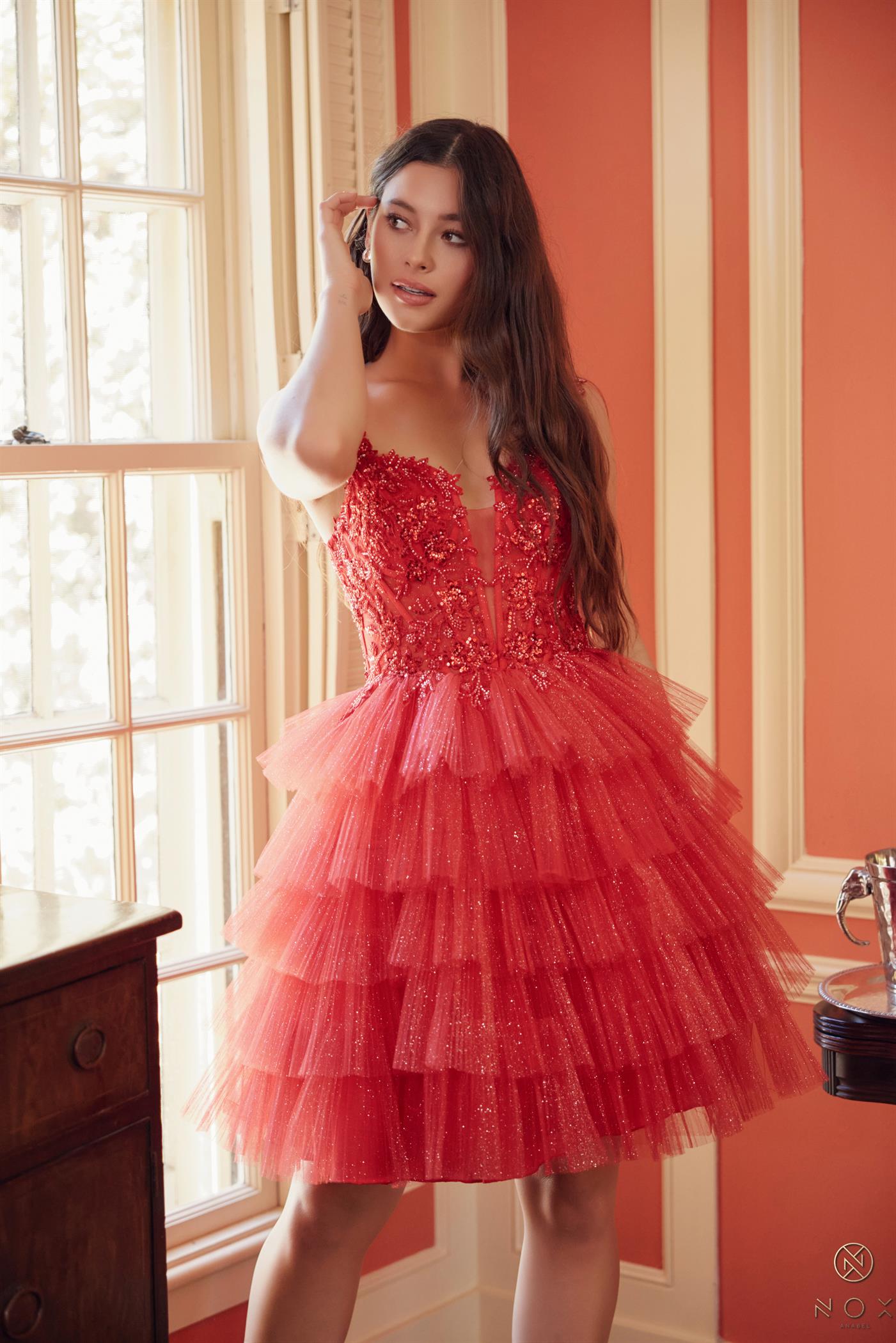 Nox Anabel E904 Short sheer lace sequin Homecoming Dress Layer shimmer skirt Corset Gown - 12 - Red - Formal & Bridal Wear - Glass Slipper Formals Nox Anabel E904 Short sheer lace sequin Homecoming Dress Layer shimmer skirt Corset Gown - 12 - Red - Formal & Bridal Wear - Glass Slipper Formals