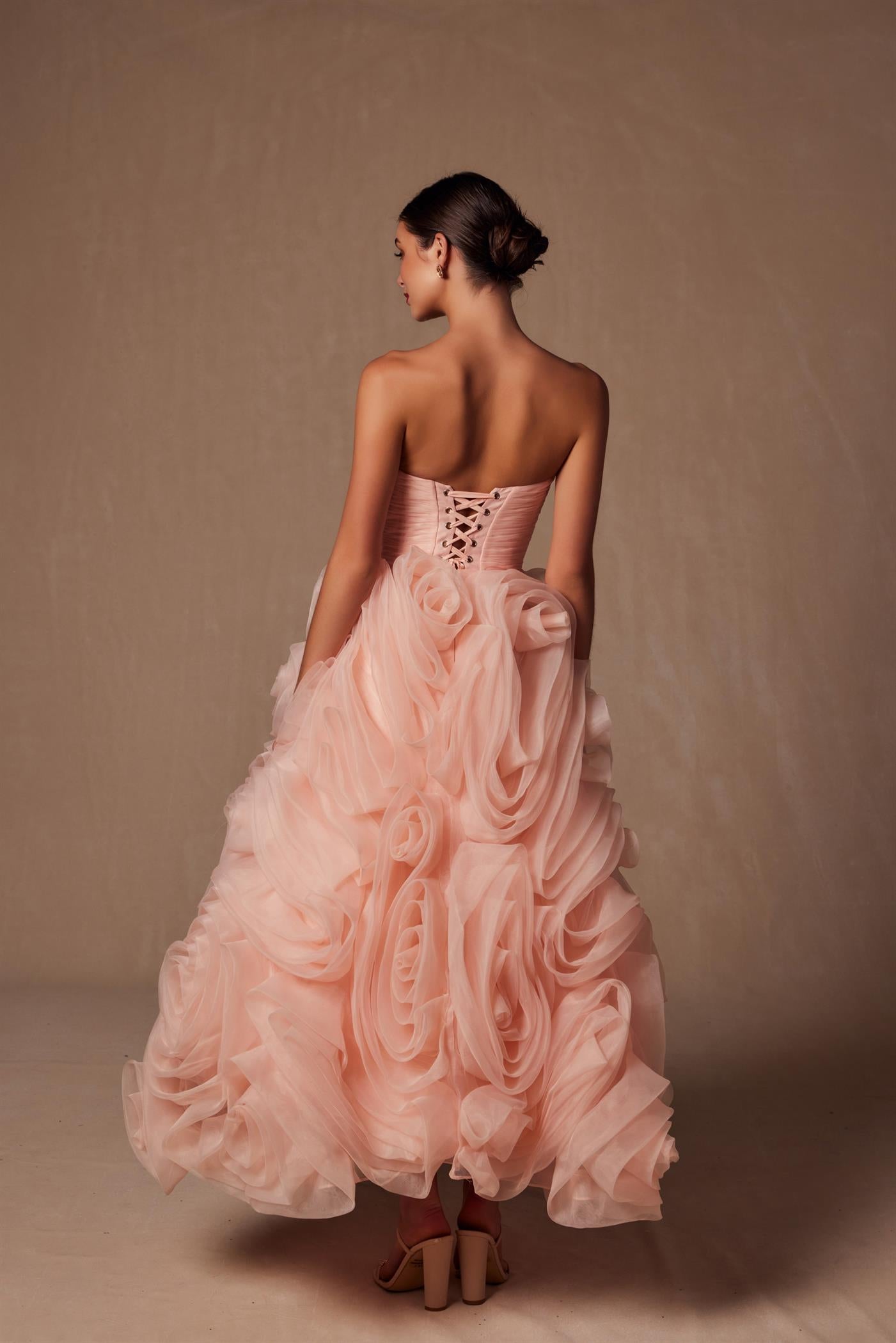 Nox Anabel JQ1037 Tea Length A Line Ruffle Prom Dress Strapless Corset Organza Floral