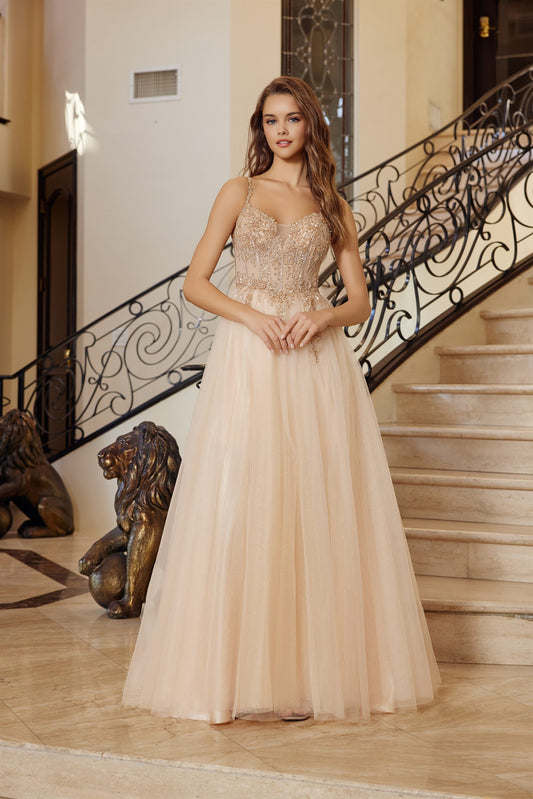 Make a statement in this Nox Anabel F1726 prom dress, featuring a sheer sequin corset bodice that catches the light with every movement. The structured A-line silhouette flatters your figure while the plunging V-neckline adds sophisticated allure. A graceful train completes the look with timeless elegance. Perfect for prom night or formal events where you want to feel confident and radiant.
Sizes: 00-16
Colors: Champagne, Greenery, Silver, Smoky Blue
