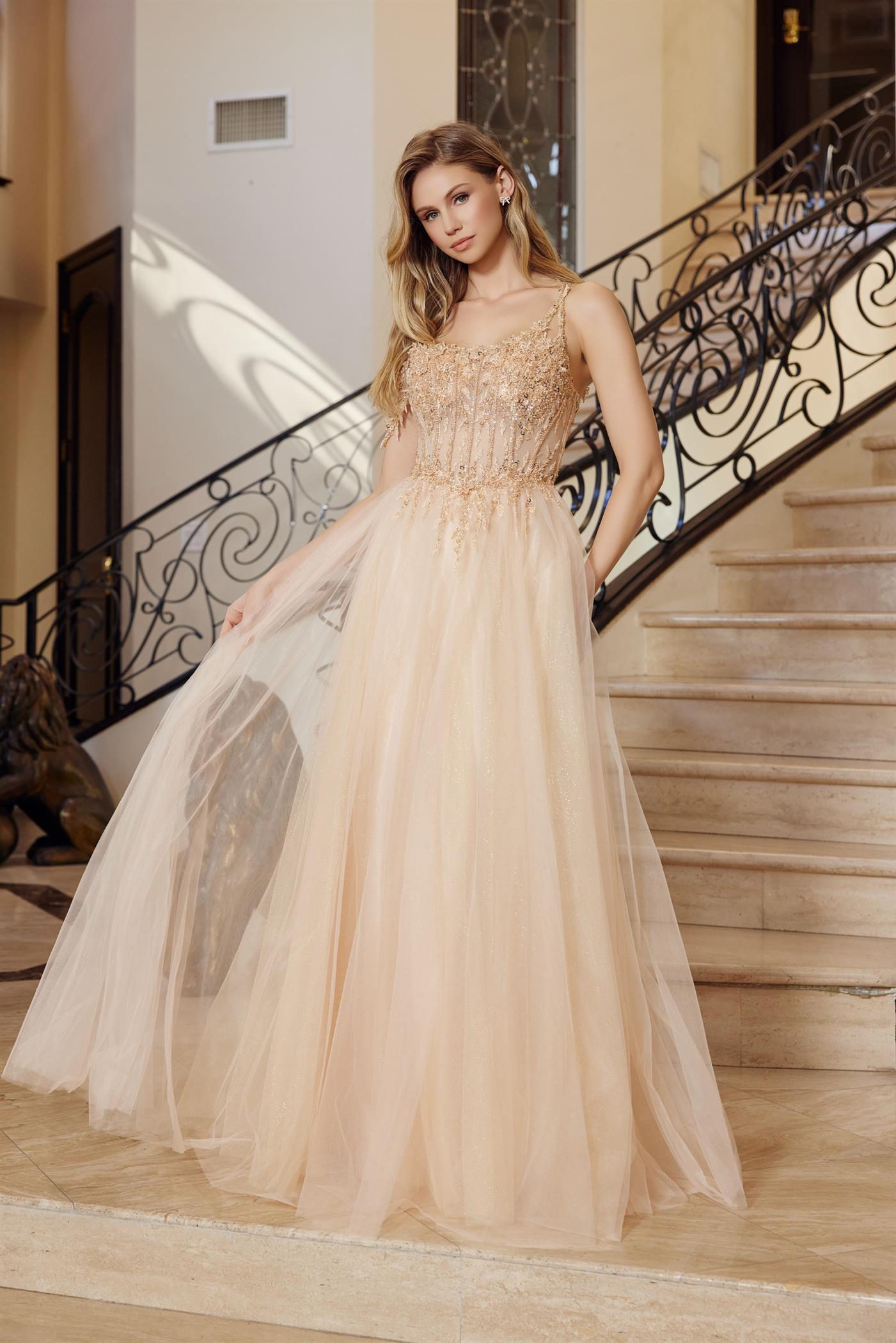 Beaded Embroidered Sheer Corset Glitter Prom Dress Gold / 2