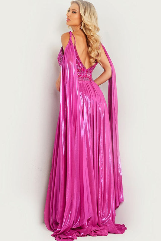 Be bold in the Jovani 07249 High Low Pageant Dress! This one-of-a-kind formal gown combines a metallic overskirt, pleated capes, and Crystal Beaded bodysuit for a truly dazzling look. Ready for the red carpet? You better believe it. Sizes: 00-24 Colors: Hot Pink, Hunter, Light Pink