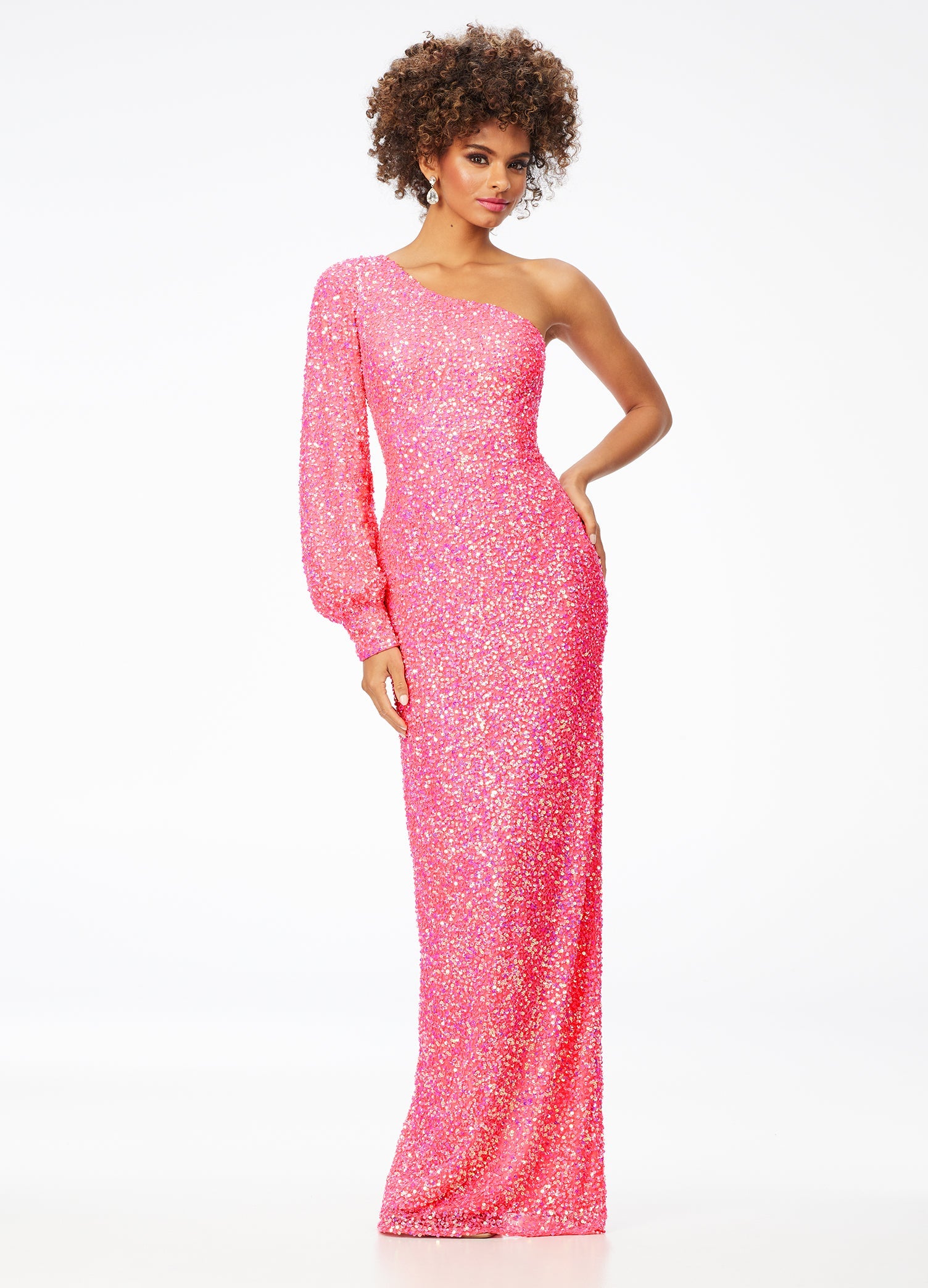 Ashley Lauren 11194 Size 4 Neon Pink One Shoulder Prom Dress Long Sleeve Sequins Back Slit Ashley Lauren 11194 Size 4 Neon Pink One Shoulder Prom Dress Long Sleeve Sequins Back Slit