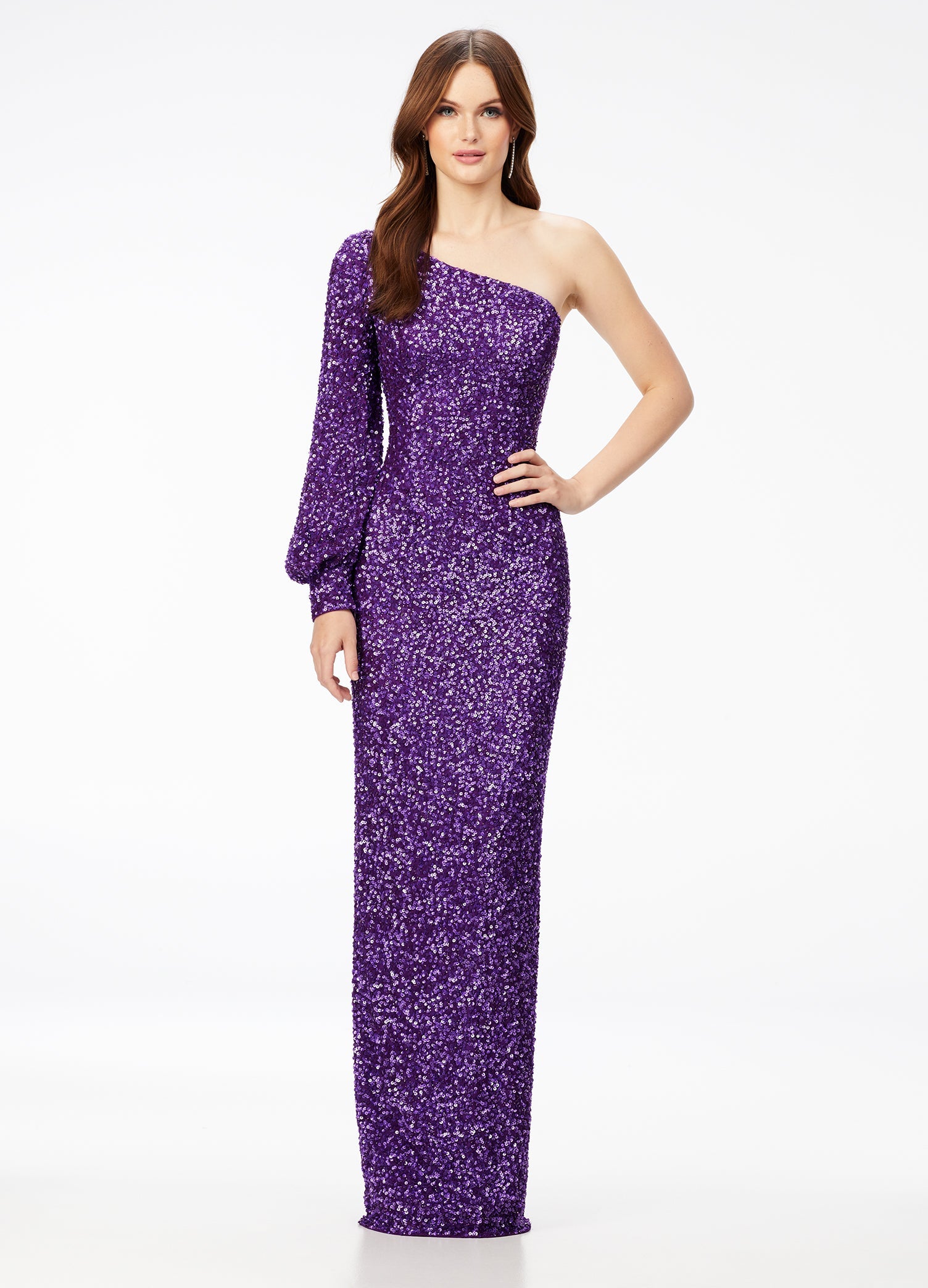 Ashley Lauren 11194 Size 2 Purple One Shoulder Prom Dress Long Sleeve Sequins Back Slit Ashley Lauren 11194 Size 2 Purple One Shoulder Prom Dress Long Sleeve Sequins Back Slit