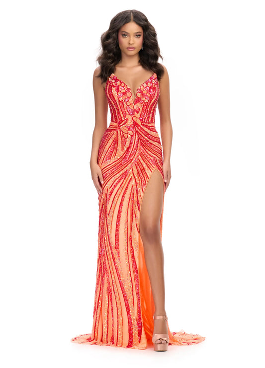 Ashley Lauren 11236 Size 6 Red Coral Beaded Promk Dress Sequin