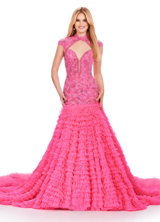 Ashley Lauren 11428 Crystal Beaded Backless Pageant Dress Bridal Mermaid Ruffle Tier Serving you ALL the drama, this stunning mermaid gown is full of tiered tulle that keeps on giving! The fully beaded bodice has an open back, crew neckline with cutout and cap sleeves. Fully Crystal Beaded Bodice cutout neckline. luxurious train for all the drama. Backless Pageant Dress. COLORS: Ivory, Hot Pink Sizes: 0-16