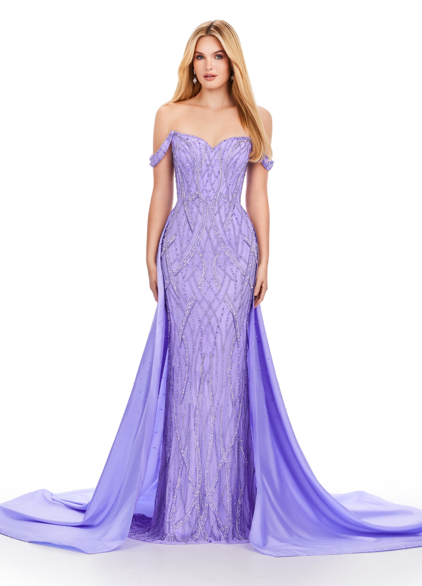 Elevate your evening look with the Ashley Lauren 11458 Long Prom Dress. This fully beaded strapless gown features a flattering off shoulder neckline and a unique draping taffeta overskirt. Perfect for formal occasions and pageants. Regal and fabulous? We got you. This fully beaded gown features an off shoulder sweetheart neckline and a dramatic taffeta overskirt to help you slay at your next event.