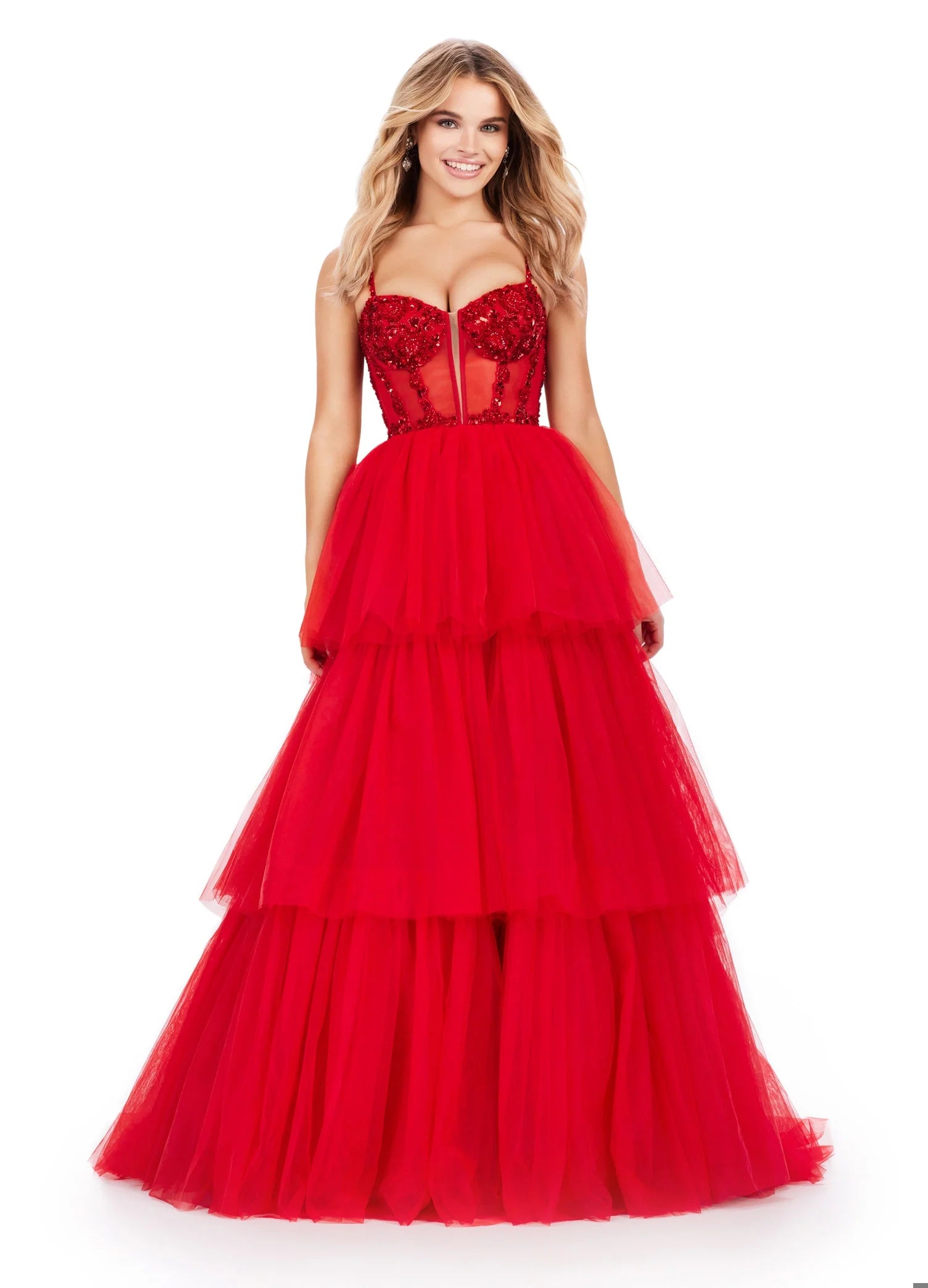 Ashley Lauren 11462Size 16 Red Sheer Beaded Corset Layer Tulle Prom Dr