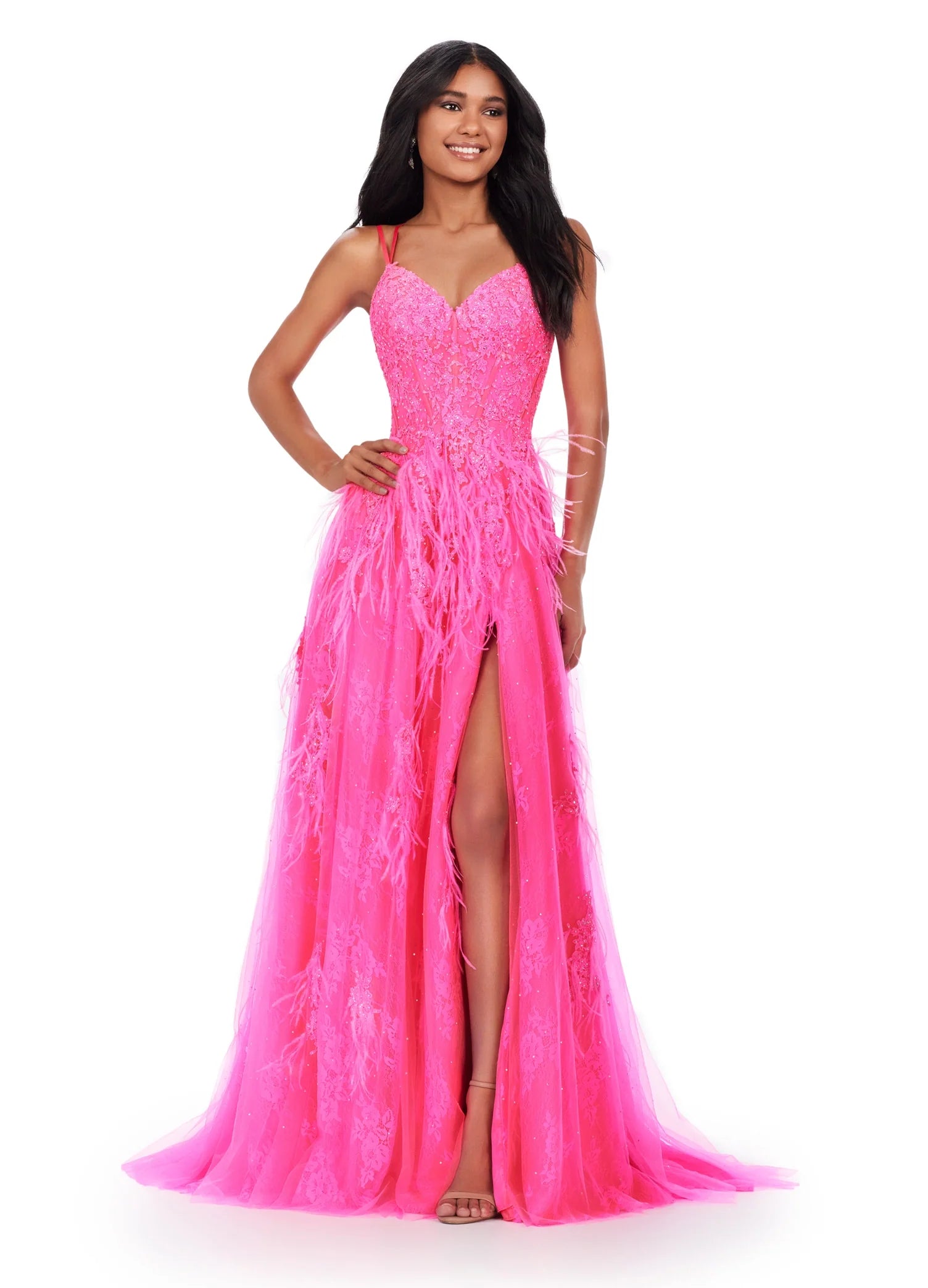 Ashley Lauren 11480 Size 10 Hot Pink Lace Feather A Line Slit Prom Dre –  Glass Slipper Formals