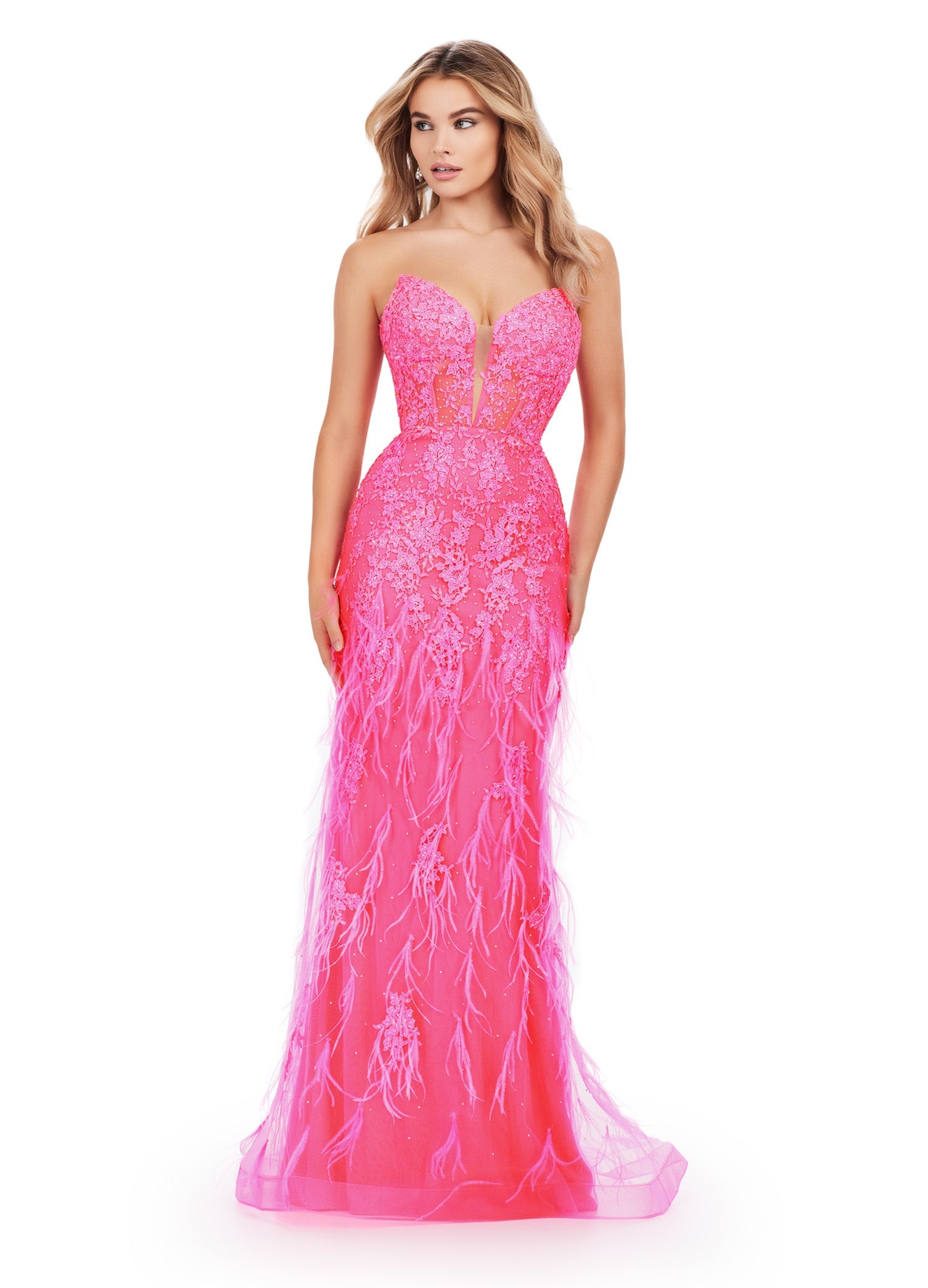 Ashley Lauren 11483 Hot Pink size 2 Prom Dress Corset Strapless Lace Gown Feather Details Formal Pageant Gown Ashley Lauren 11483 Hot Pink size 2 Prom Dress Corset Strapless Lace Gown Feather Details Formal Pageant Gown