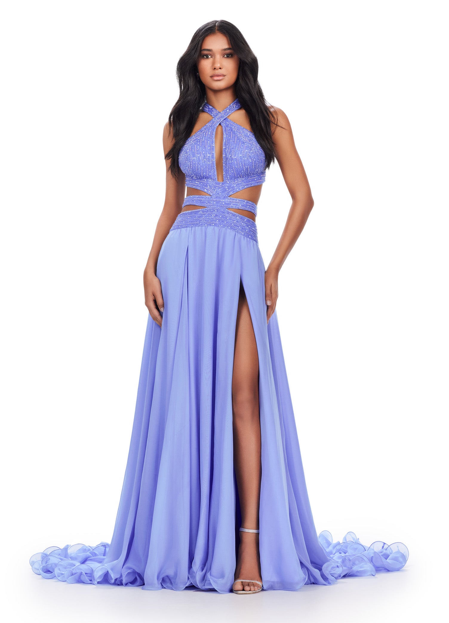 chiffon skirt prom dress A-Line Straps Sky Blue Chiffon Ruffles Long Prom Dress Lilac / 12
