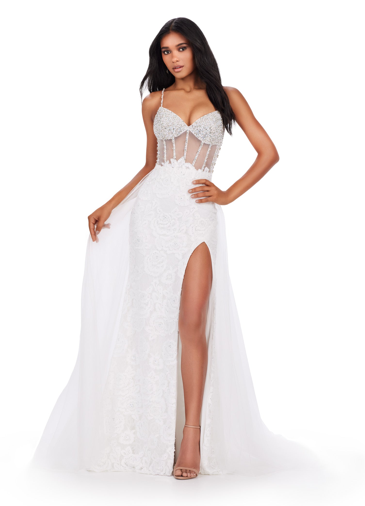 Ashley Lauren 11517 Size 8 Ivory Sheer Crystal Corset Lace Dress Overskirt slit Prom Pageant Gown Ashley Lauren 11517 Size 8 Ivory Sheer Crystal Corset Lace Dress Overskirt slit Prom Pageant Gown