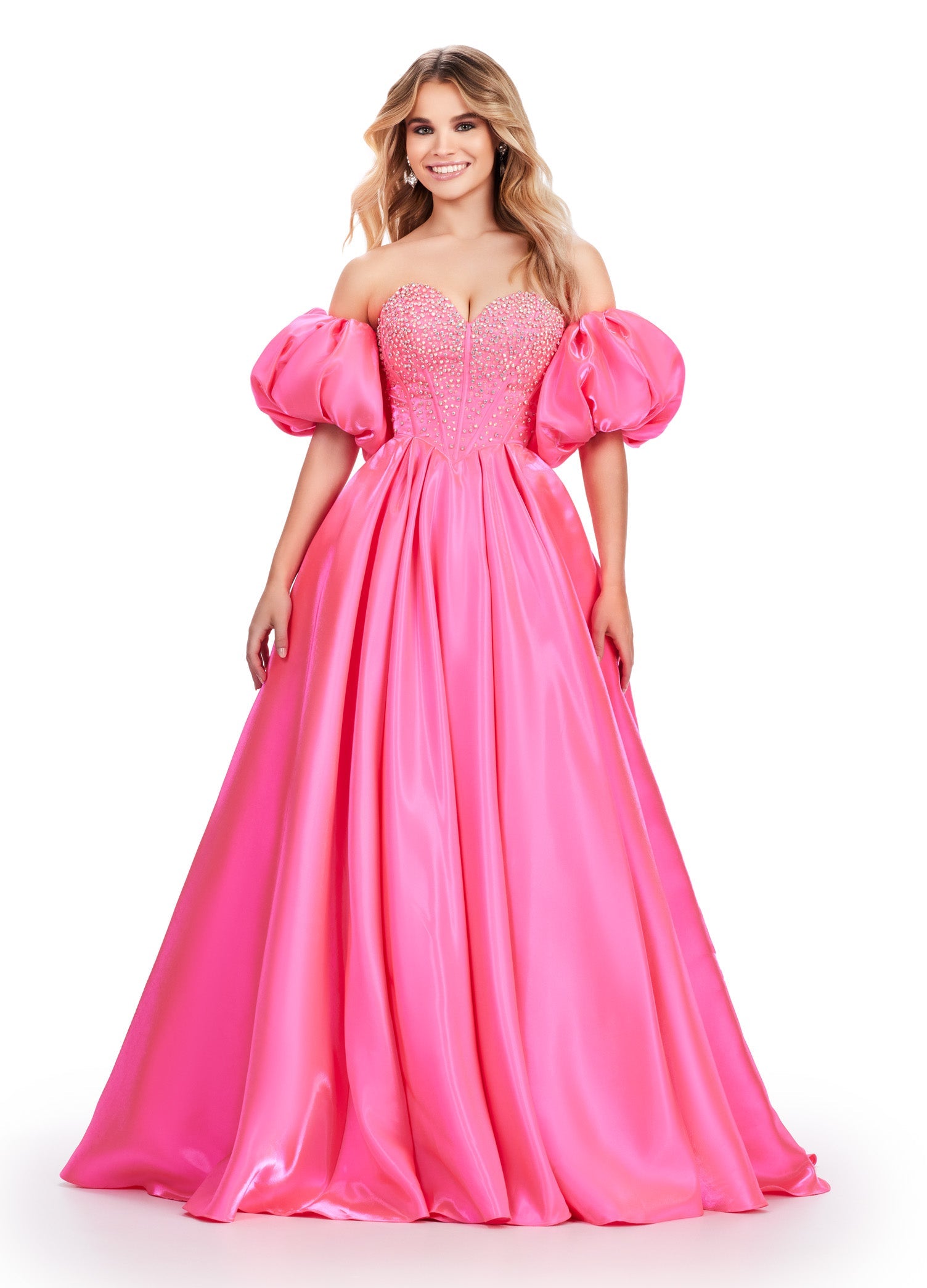 Hot Pink Rhinestones Strapless Keyhole Long Prom Dress with Balloon Sl –  Modsele