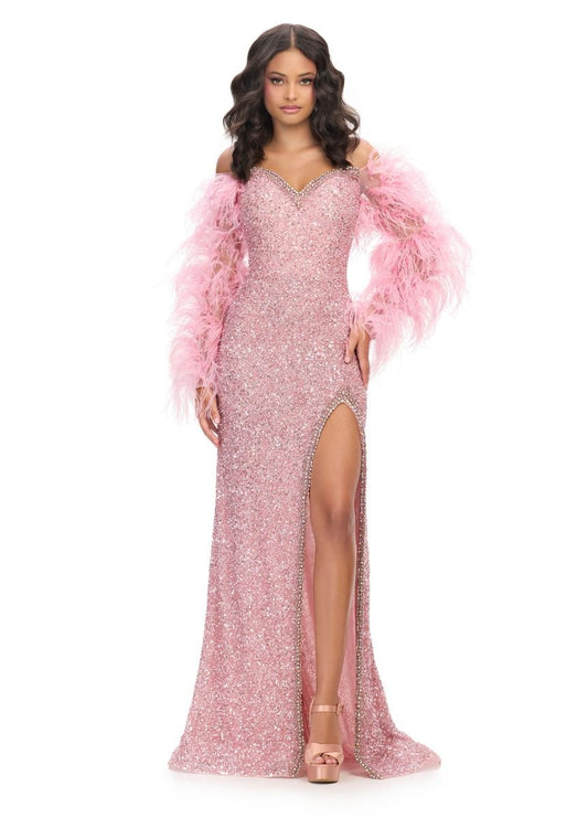 Ashley Lauren 11667 Beaded Evening Gown Long Sleeves Feathers Sweetheart Neckline High Slit