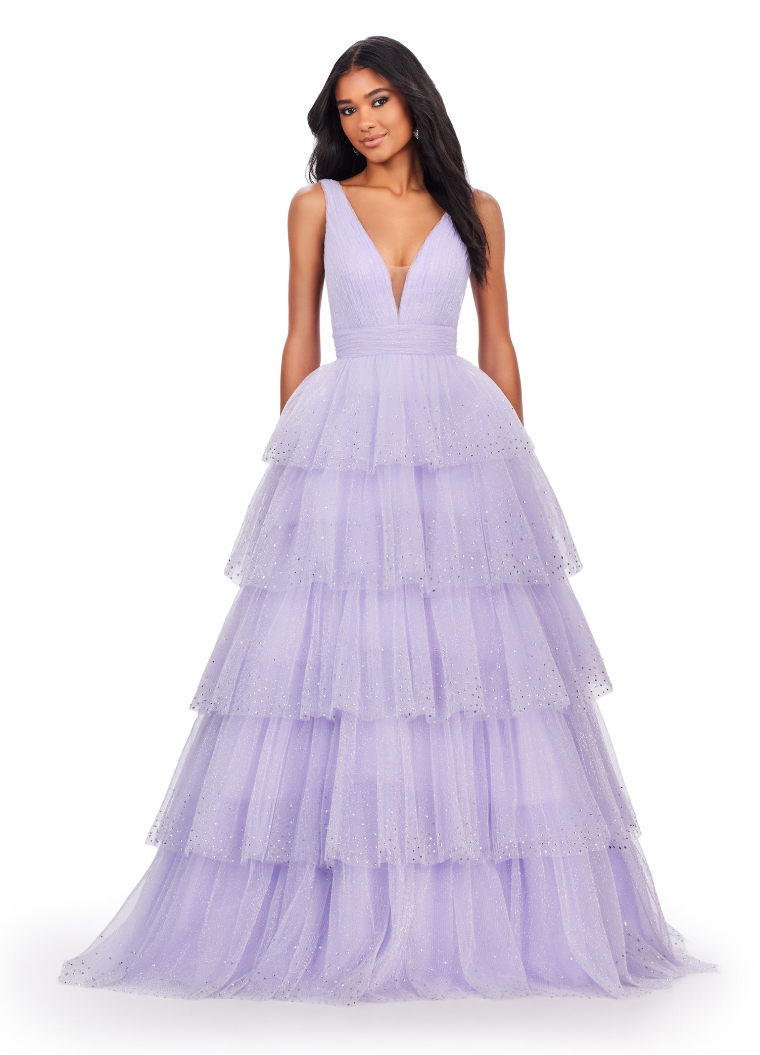 Lunss Scattering Feather Appliqued Purple Tulle Ball Gown Dress