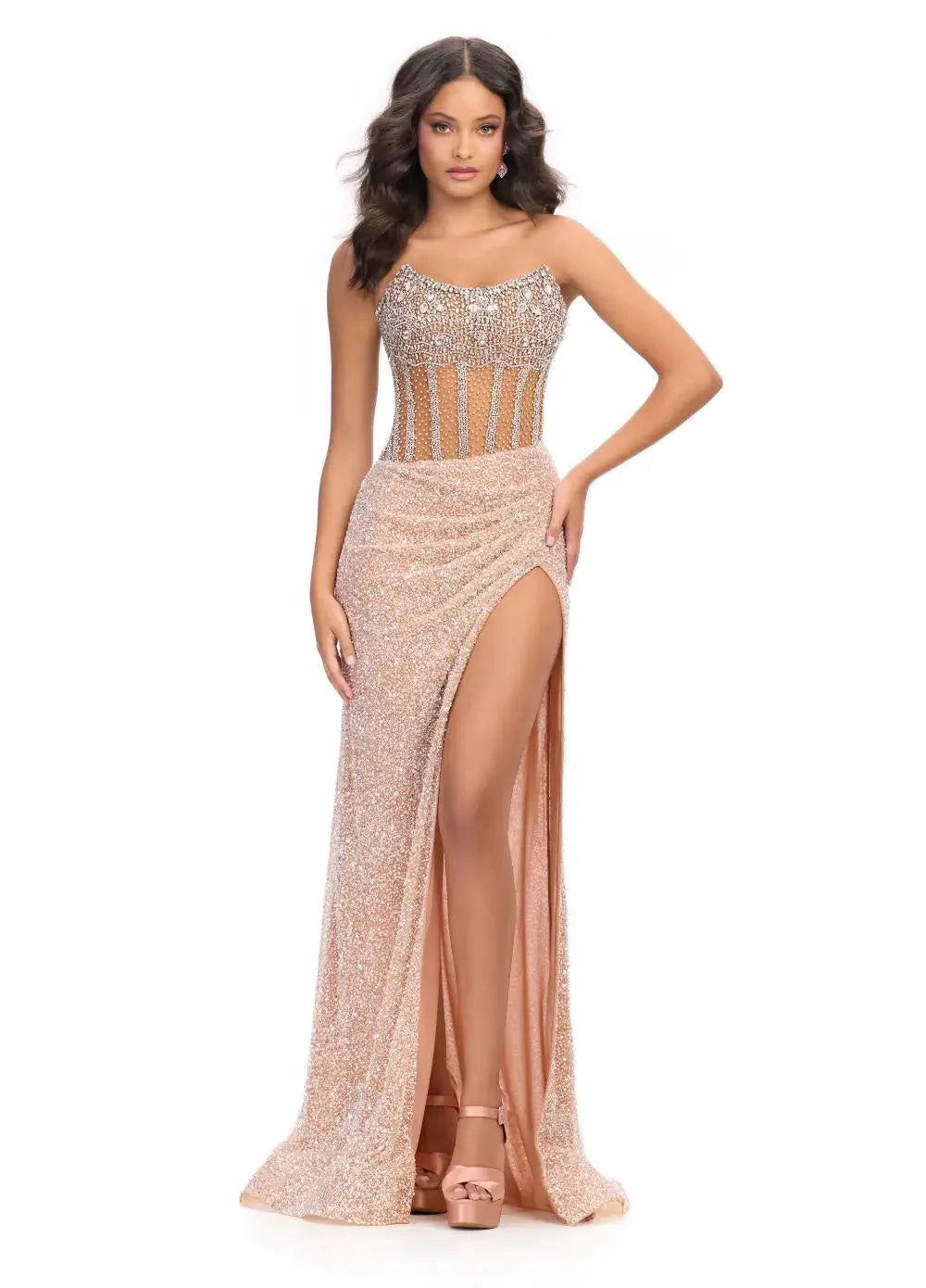Ashley Lauren 11830 Size 4 Nude Sequin Sheer Crystal Corset Prom Dress Pageant Gown Slit Strapless Ashley Lauren 11830 Size 4 Nude Sequin Sheer Crystal Corset Prom Dress Pageant Gown Slit Strapless