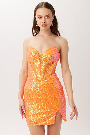 VIENNA Prom 60100 Size 0 Orange Sequin Homecoming Dress Slit V-Neck Cut Out Bodice Cocktail VIENNA Prom 60100 Size 0 Orange Sequin Homecoming Dress Slit V-Neck Cut Out Bodice Cocktail