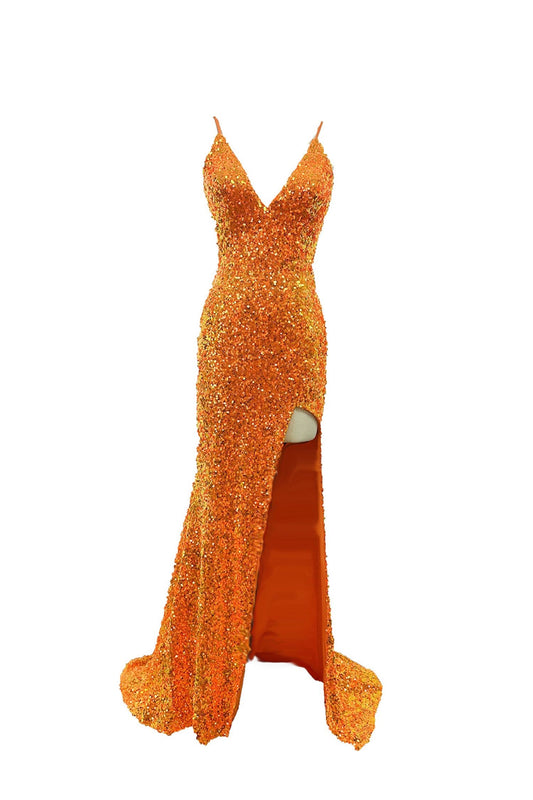 Effortlessly exude glamour in the Lucci Lu 1293 Dress. This long, fitted sequin gown features a v-neckline, backless design, and a corset-style bodice for a flattering silhouette. The maxi slit adds a touch of drama, perfect for prom or any formal event. Elevate your style with this stunning dress. Sizes: 000-10 Colors: Neon Orange