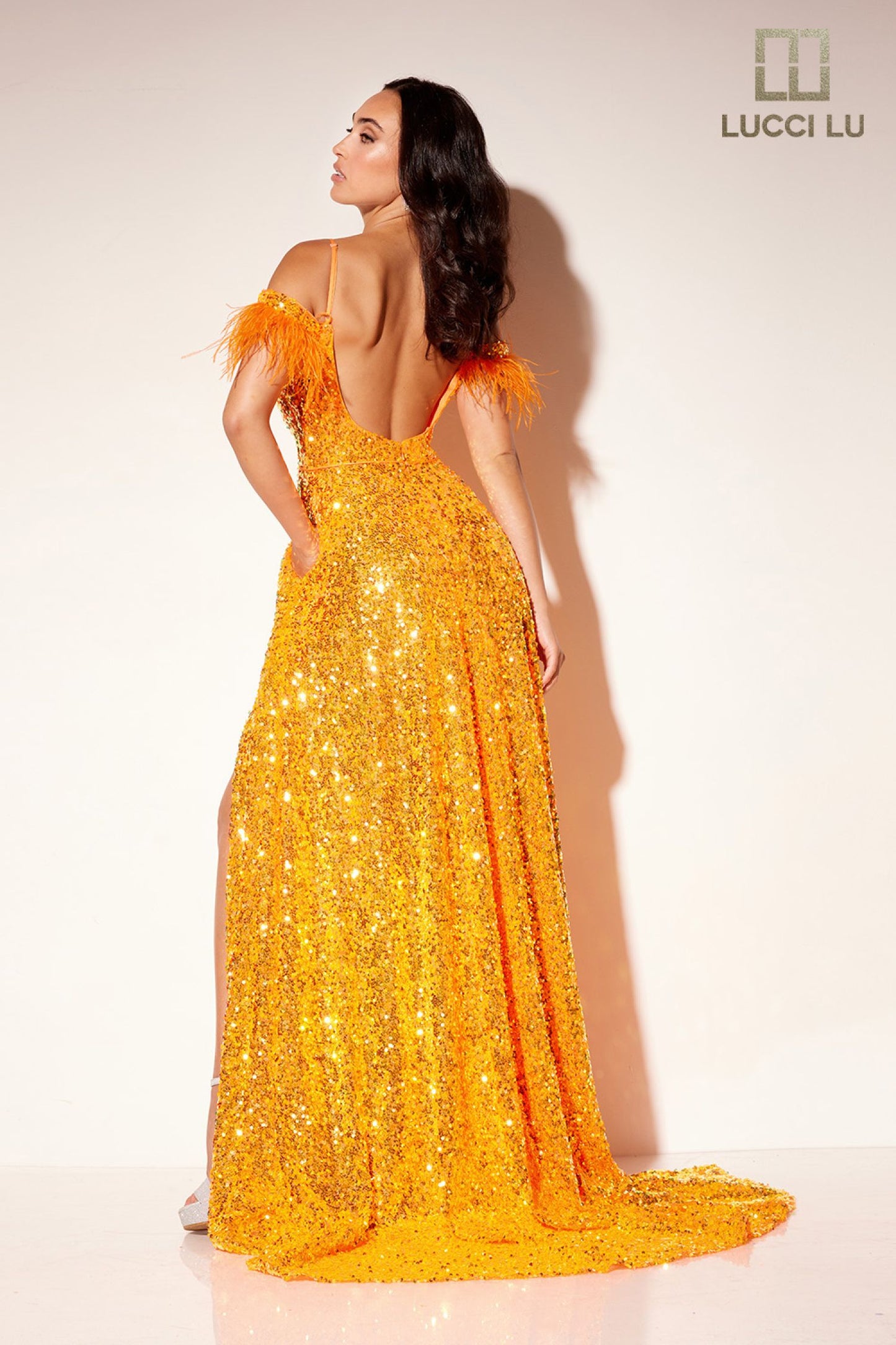 The Lucci Lu 1305 Sequin A Line Maxi Slit Prom Dress is a stunning choice for any special occasion. The dress features a sequin-adorned A-line silhouette with an off-the-shoulder neckline and feather detailing. The backless design adds a touch of sultry elegance. With its flattering fit and eye-catching details, this dress is sure to turn heads. Sizes: 00-16 Colors: Midnight Blue, Orange