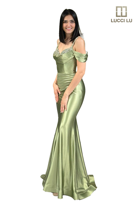 Lucci Lu 1313 Fitted Satin off the shoulder mermaid formal dress Crystal neckline ruched gown