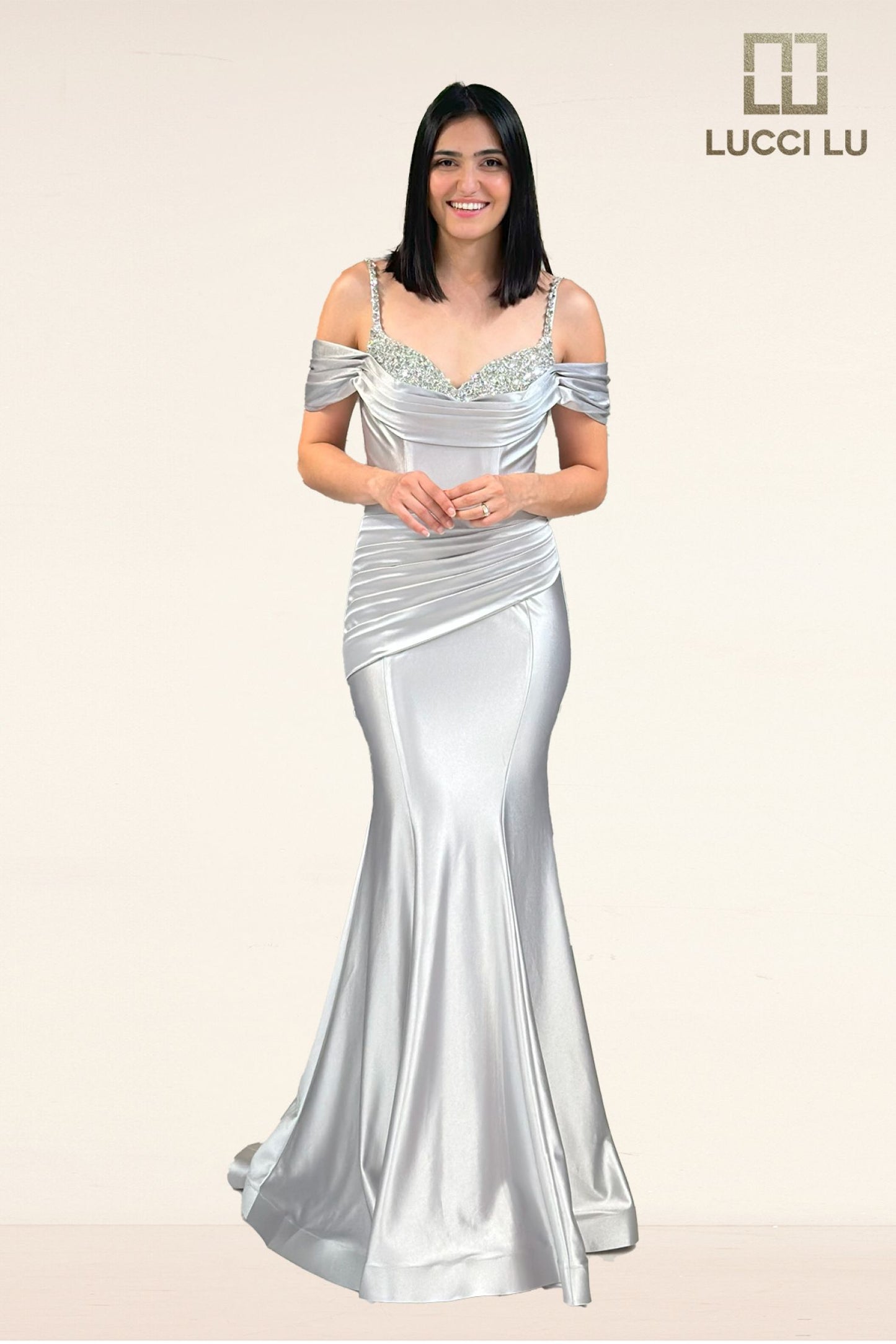 Lucci Lu 1313 Fitted Satin off the shoulder mermaid formal dress Crystal neckline ruched gown