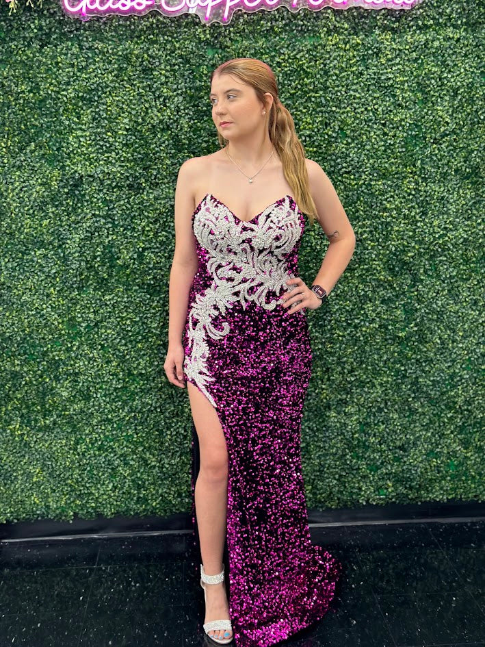 Lucci Lu 1332 Size 6 Magenta Sequin Velvet Strapless Formal Pageant Dress Crystal High Slit Evening Gown Prom Lucci Lu 1332 Size 6 Magenta Sequin Velvet Strapless Formal Pageant Dress Crystal High Slit Evening Gown Prom