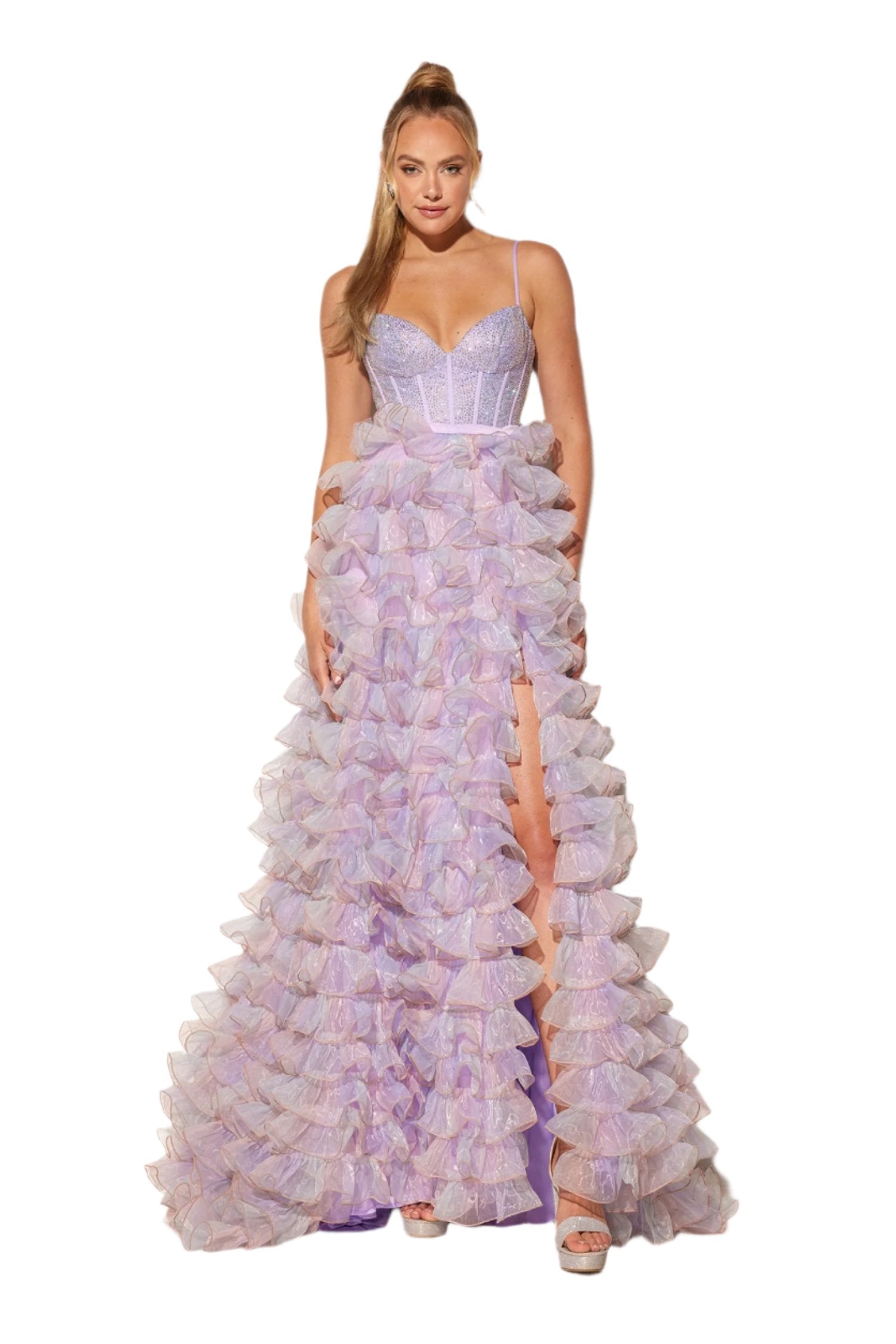 purple ruffle prom dress Lucci Lu 1400 Size 20 Lilac Long Layer Ruffle Prom Dress Crystal Corse –  Glass Slipper Formals