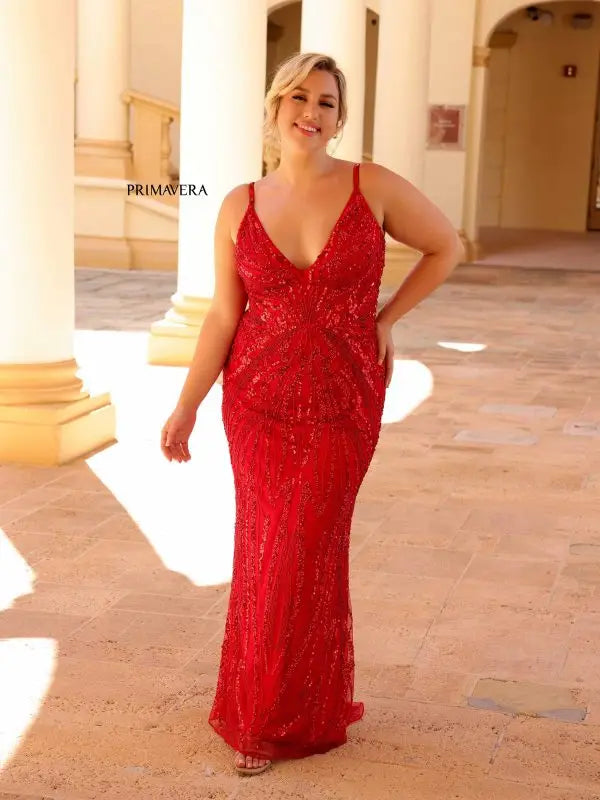 Primavera Couture 14044 Long Prom Dress Plus Size Corset Sequin Plunging Neckline Fitted Formal Gown 22 / Red Primavera Couture 14044 Long Prom Dress Plus Size Corset Sequin Plunging Neckline Fitted Formal Gown 22 / Red