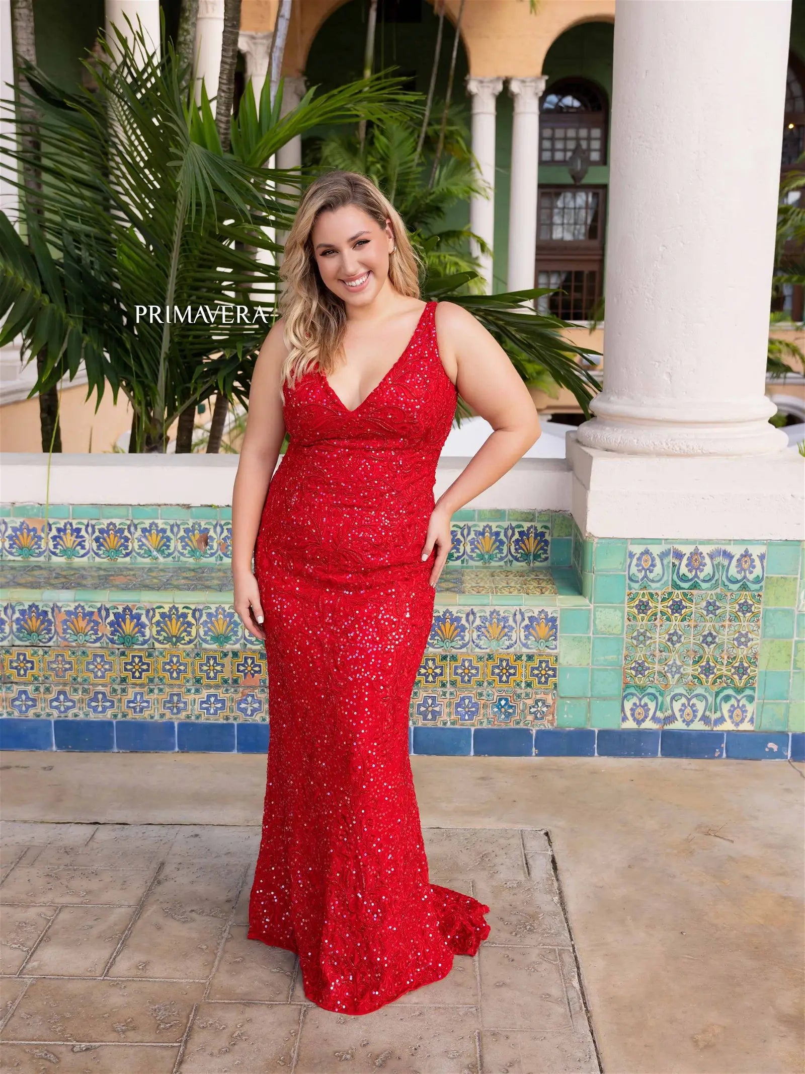 Primavera Couture 14048 Long Prom Dress Plus Size Fitted Sequin V Neck Formal Gown 14W / Red Primavera Couture 14048 Long Prom Dress Plus Size Fitted Sequin V Neck Formal Gown 14W / Red