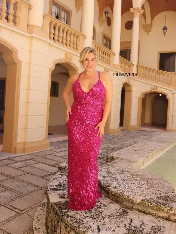 Primavera Couture 14051 Size 20W Fuchsia Long Prom Dress Plus Size Sequin Plunging Neckline Fitted Formal Gown Primavera Couture 14051 Size 20W Fuchsia Long Prom Dress Plus Size Sequin Plunging Neckline Fitted Formal Gown