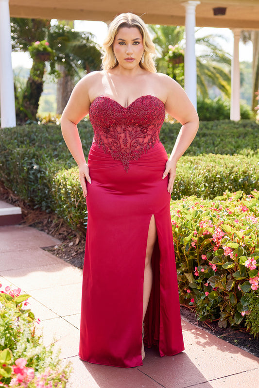 Elegance meets comfort in this stunning Primavera Couture 14109 satin gown, designed to celebrate your curves with confidence. Plus Size Formal Dress Prom Wedding Guest. The delicate lace sweetheart neckline frames your shoulders beautifully, while the flowing satin fabric drapes gracefully against your silhouette.