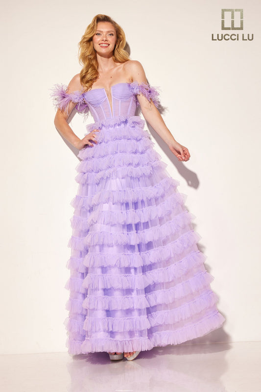 Lucci Lu 1410 Layer Tulle A Line Sheer Corset Prom Dress Feather Off the Shoulder Formal Gown