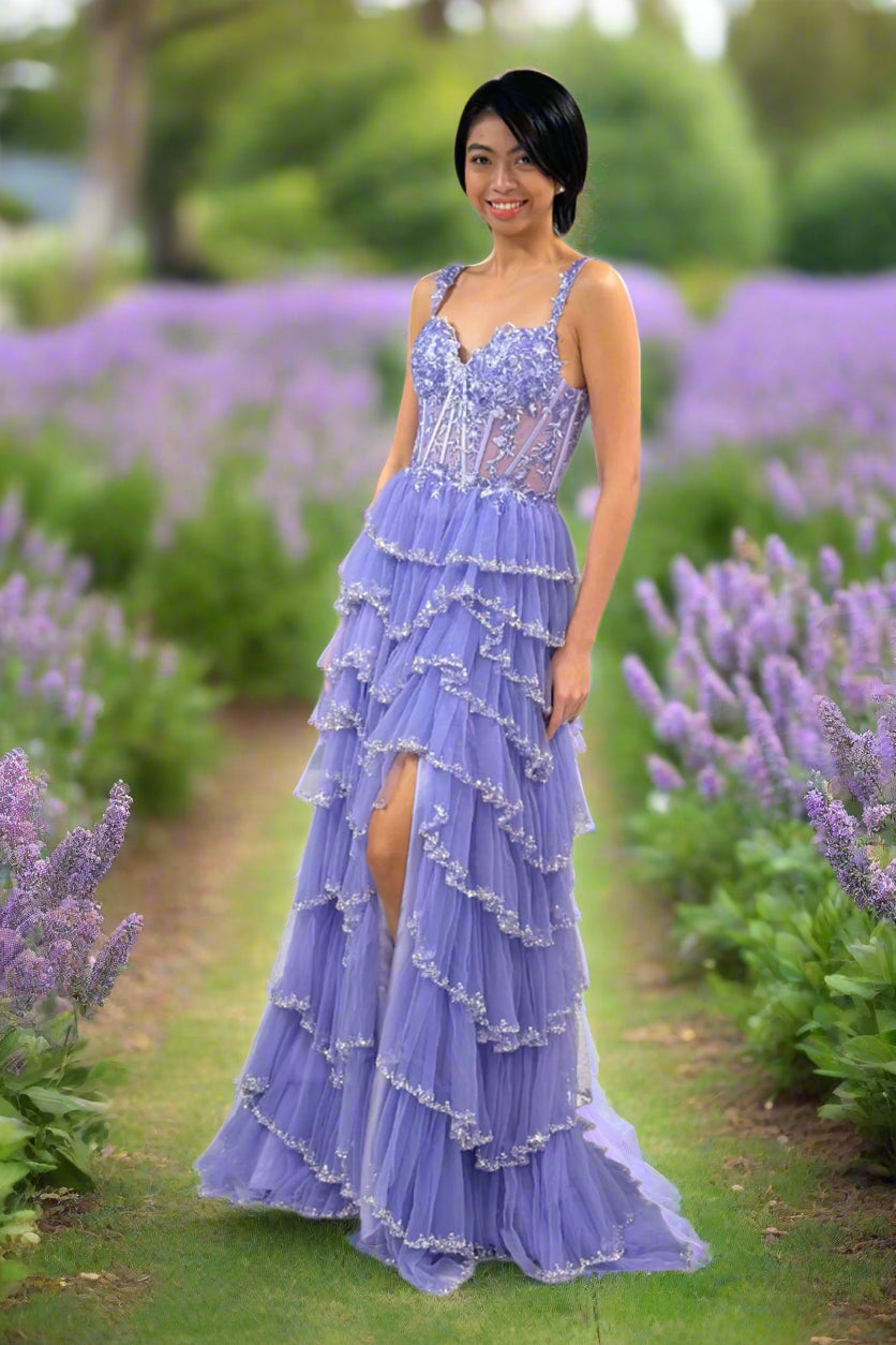 Lucci Lu 1432 Size 8, 18 Dusty Lilac Beaded Layered Prom Dress Maxi Slit Lace Sheer Corset Formal Pageant Gown 8 / Dusty Lilac Lucci Lu 1432 Size 8, 18 Dusty Lilac Beaded Layered Prom Dress Maxi Slit Lace Sheer Corset Formal Pageant Gown 8 / Dusty Lilac
