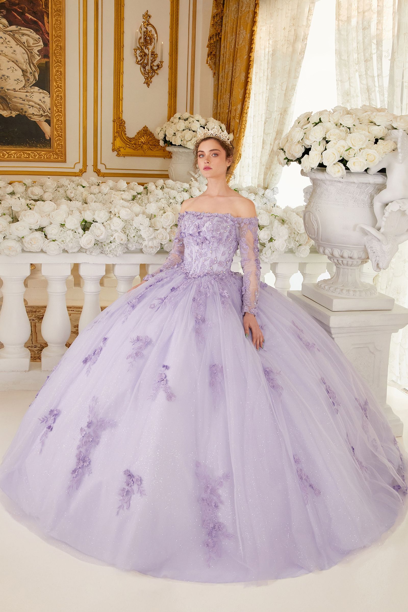 Ladivine 15706 Long Sleeve Lace Corset quinceanera Dress Train Ballgown off the Shoulder 3X / Lilac