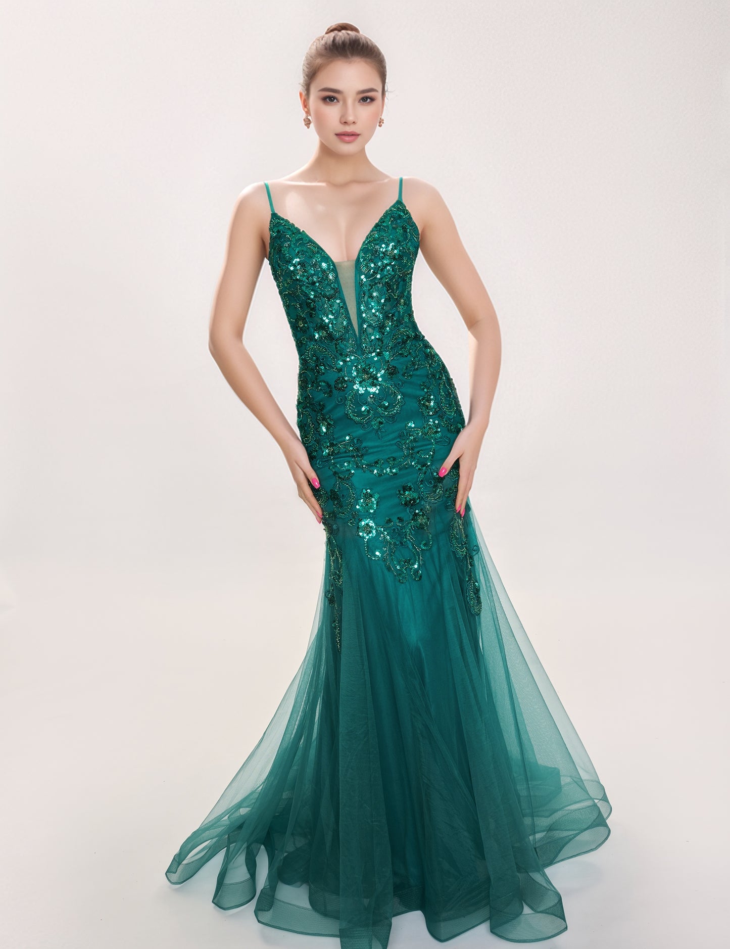 Elevate your formal occasion with the Nina Canacci 1576 gown, a long, fitted mermaid dress adorned with shimmering sequins. Its plunging neckline adds a sophisticated allure, while the tailored silhouette enhances your natural curves for a striking, elegant presence. Perfect for prom or any upscale event, this gown combines glamour and expert craftsmanship to ensure you stand out with confidence and style.
Sizes: 0-14
Colors: Black, Dark Green, Rose Gold