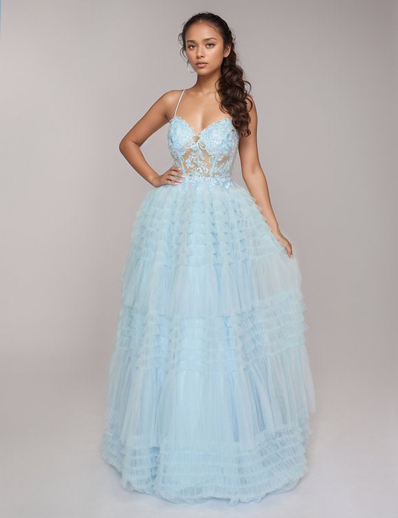 Nina Canacci 1582 Size 2 Sky Pleated Ruffle Ballgown Prom Dress Sheer Lace Corset A Line Formal Gown Nina Canacci 1582 Size 2 Sky Pleated Ruffle Ballgown Prom Dress Sheer Lace Corset A Line Formal Gown