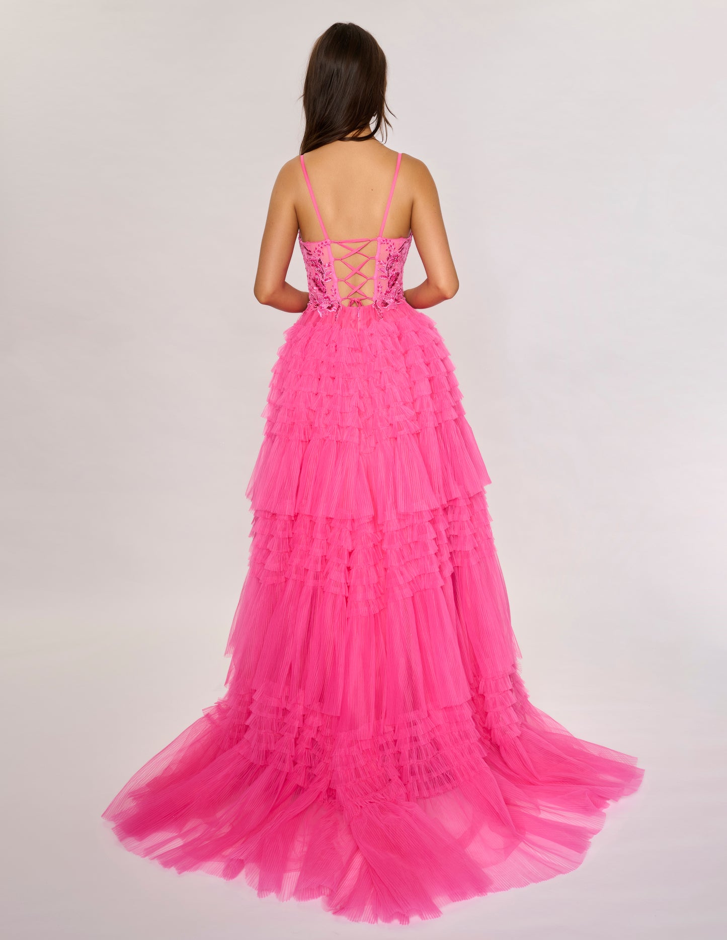 Nina Canacci 1582 Size 4 Fuchsia Pleated Ruffle Ballgown Prom Dress Sheer Lace Corset A Line Formal Gown