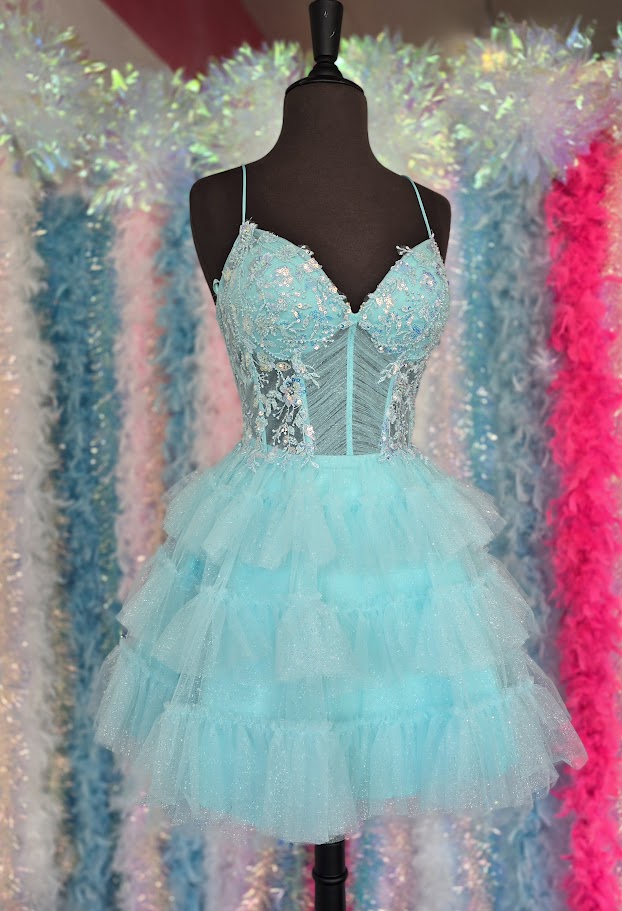 Colors 3346 Size 8 Mint Short Ruffle Layer Short dress A Line Lace Corset Pleated Fit & Flare Gown Formal Colors 3346 Size 8 Mint Short Ruffle Layer Short dress A Line Lace Corset Pleated Fit & Flare Gown Formal