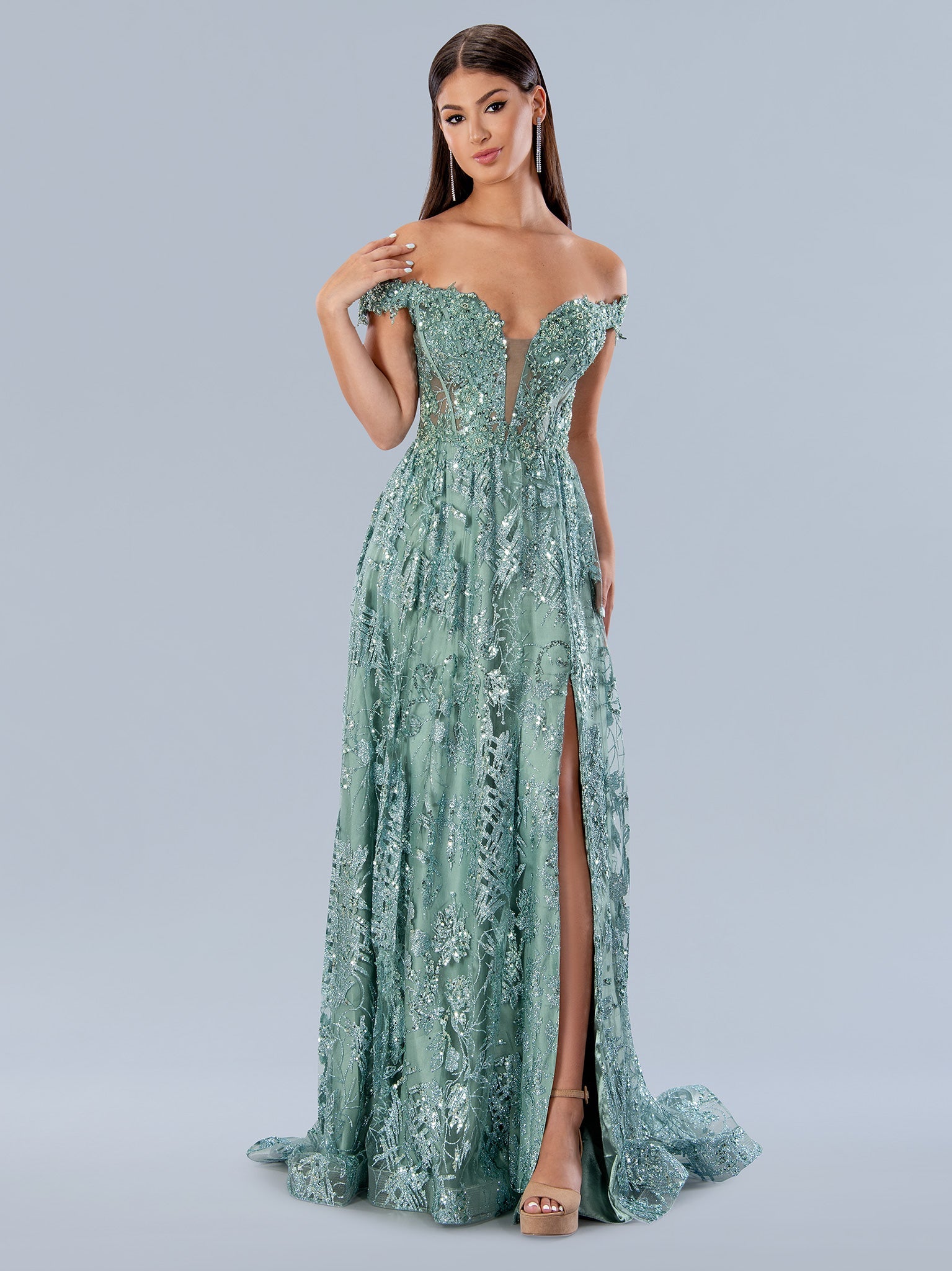 Stella Couture 21064 Size 6 Sage Long off the shoulder slit a line pro Glass Slipper Formals Stella Couture 21064 Size 6 Sage Long off the shoulder slit a line pro Glass Slipper Formals