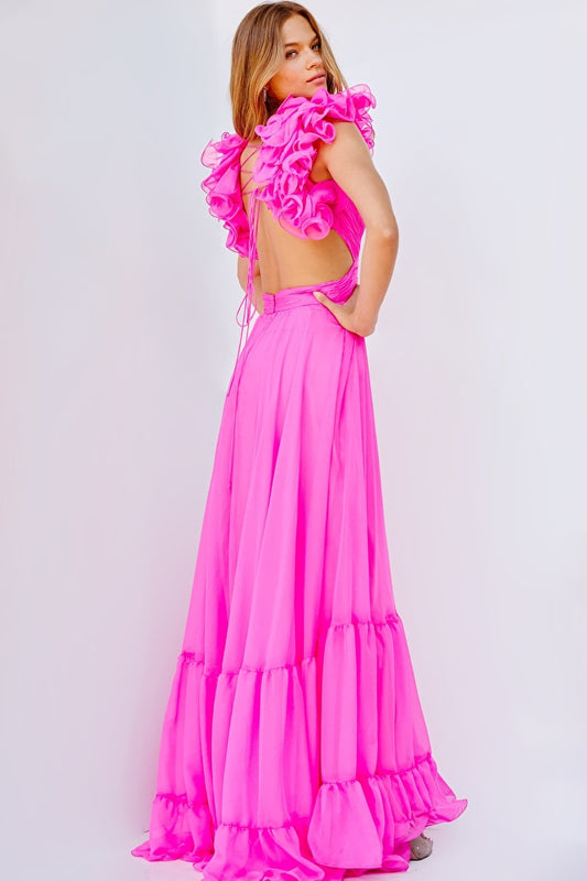 Jovani 23322 Chiffon Criss-Cross Ruching At The Waist Ruffle Detailed Strap Pleated Maxi Prom Dress. Look your best on your special day with the Jovani 23322 Chiffon Maxi Prom Dress. Crafted with 100% Chiffon, this dress features criss-cross ruching at the waist, detailed straps, and a pleated skirt. Upgrade your statement with ruffle detailing throughout.