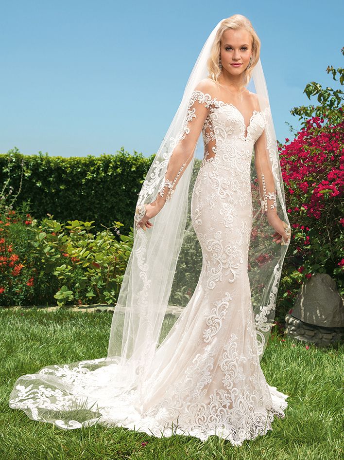 Casablanca 2356 Lace Fit and Flare Bodice Long Sleeve Plunging Sweetheart Neckline Low Back Long Wedding Gown 8 / SBNI Casablanca 2356 Lace Fit and Flare Bodice Long Sleeve Plunging Sweetheart Neckline Low Back Long Wedding Gown 8 / SBNI