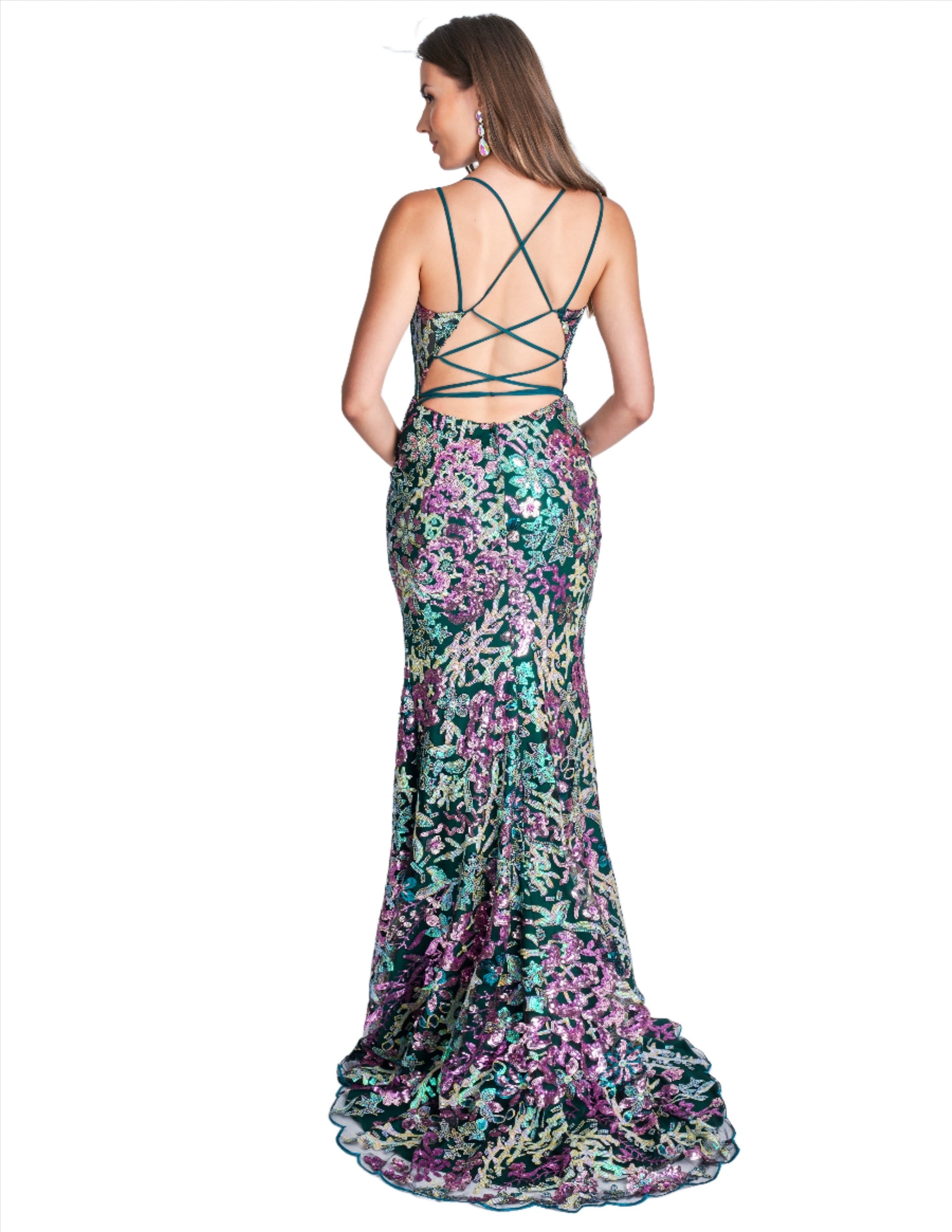 This Nina Canacci 2391 prom dress is both elegant and eye-catching. The sheer corset and floral backless design add a touch of glamour, while the sequin print and thigh-high slit offer a bold and stylish look. Perfect for formal evenings and proms, this gown is sure to turn heads and make a statement.