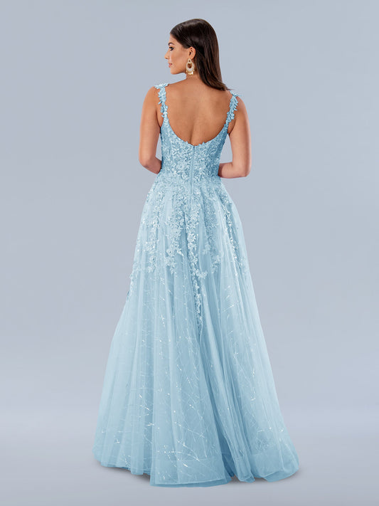 Stella Couture 24199 long A-line dress features a sheer lace corset bodice, maxi slit, and Iridescent sequin accents. This formal gown is ideal for making a lasting impression. The timeless design is perfect for proms, weddings, and more. Sizes: 0-24 Colors: Blue, Lilac