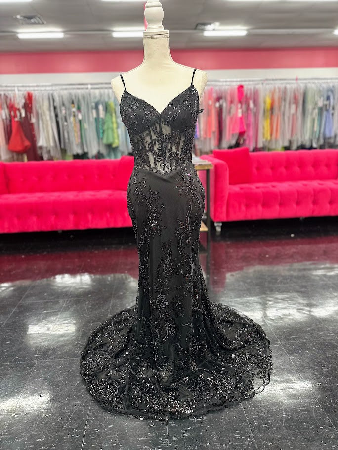 Nina Canacci 2437 Size 4 Black Beaded Sheer Corset Prom Dress Evening Glass Slipper Formals Nina Canacci 2437 Size 4 Black Beaded Sheer Corset Prom Dress Evening Glass Slipper Formals