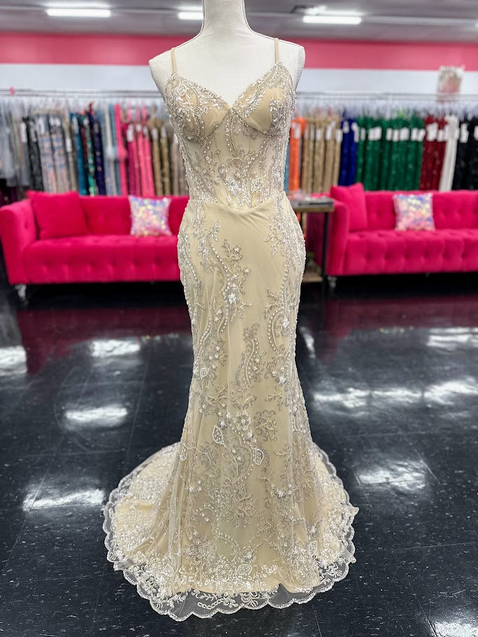 sheer nude dress Nina Canacci 2437 Size 4 Nude Beaded Sheer Corset Prom Dress Evening Gown Mermaid