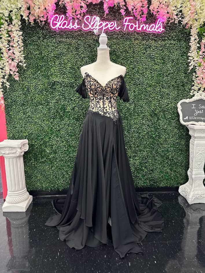 Johnathan Kayne 2554 Size 4 Black Pageant Gown Prom Dress Sheer Lace A Line Layered Skirt Long Train Johnathan Kayne 2554 Size 4 Black Pageant Gown Prom Dress Sheer Lace A Line Layered Skirt Long Train