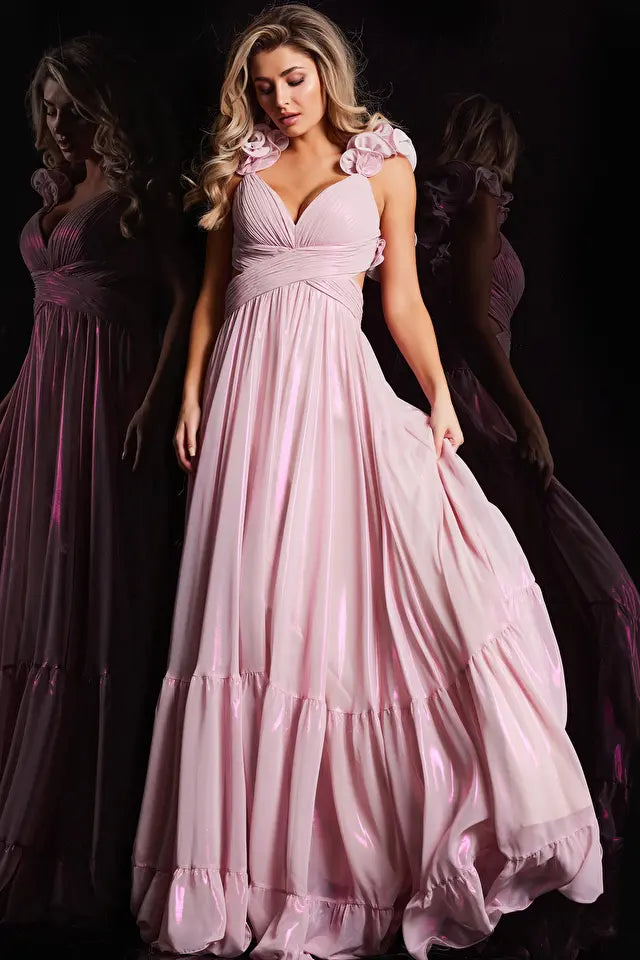 The Jovani 26248 is a stunning prom dress from the formal collection, designed to create a memorable and elegant presence at your special event. Crafted from metallic chiffon, the dress combines the shimmer of metallics with the flowing quality of chiffon, adding a touch of opulence and grace to your overall look. This gown is of maxi style, featuring a floor-length hem that exudes sophistication, making it perfect for formal occasions.
