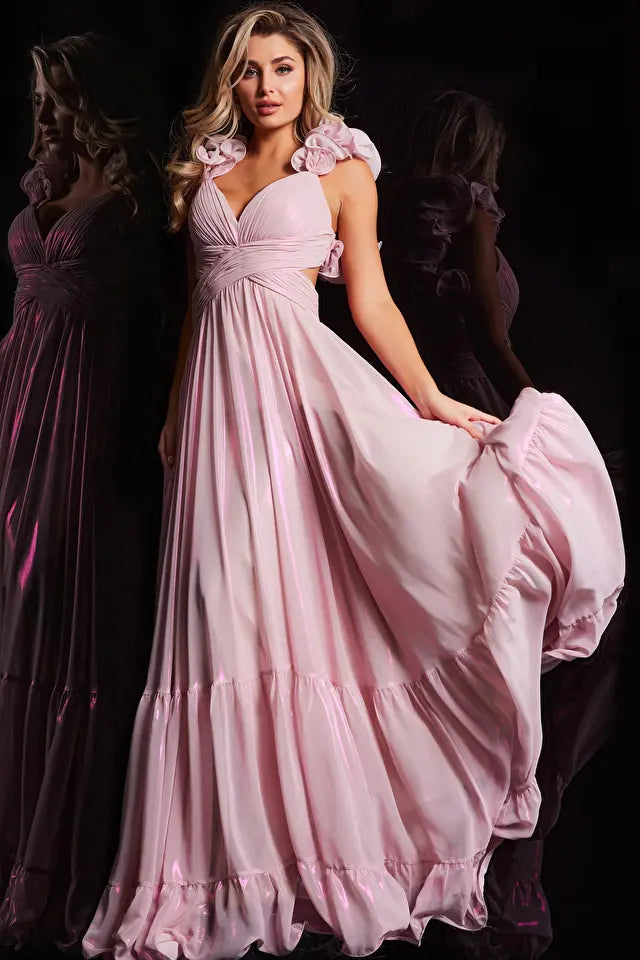 Jovani 26248 Long prom Dress V Neckline Empire Waist Pleated Ruffle Ru –  Glass Slipper Formals