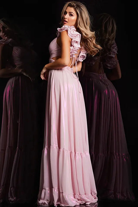 The Jovani 26248 is a stunning prom dress from the formal collection, designed to create a memorable and elegant presence at your special event. Crafted from metallic chiffon, the dress combines the shimmer of metallics with the flowing quality of chiffon, adding a touch of opulence and grace to your overall look. This gown is of maxi style, featuring a floor-length hem that exudes sophistication, making it perfect for formal occasions.