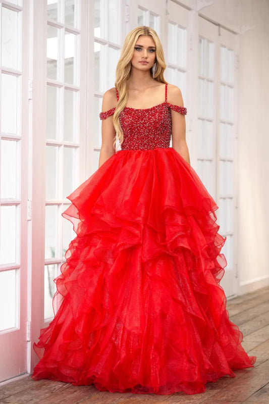 The Ava Presley 28557 Long Prom Dress is the perfect choice for any formal event. With its spaghetti straps, off-shoulder design, and layered organza skirt, this gown exudes elegance and sophistication. The beaded detailing adds a touch of luxury, making you feel like a true pageant queen. You'll turn heads and make a statement in this stunning dress.